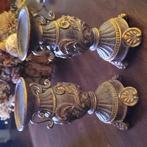 Pair of 8" resin candle holders for 3" Pillars antique gold brown scrolled EUC